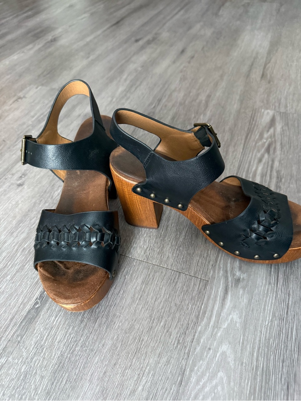 Black Woven Strap Wood Block Heel Clog Sandals Studded Grunge Boho